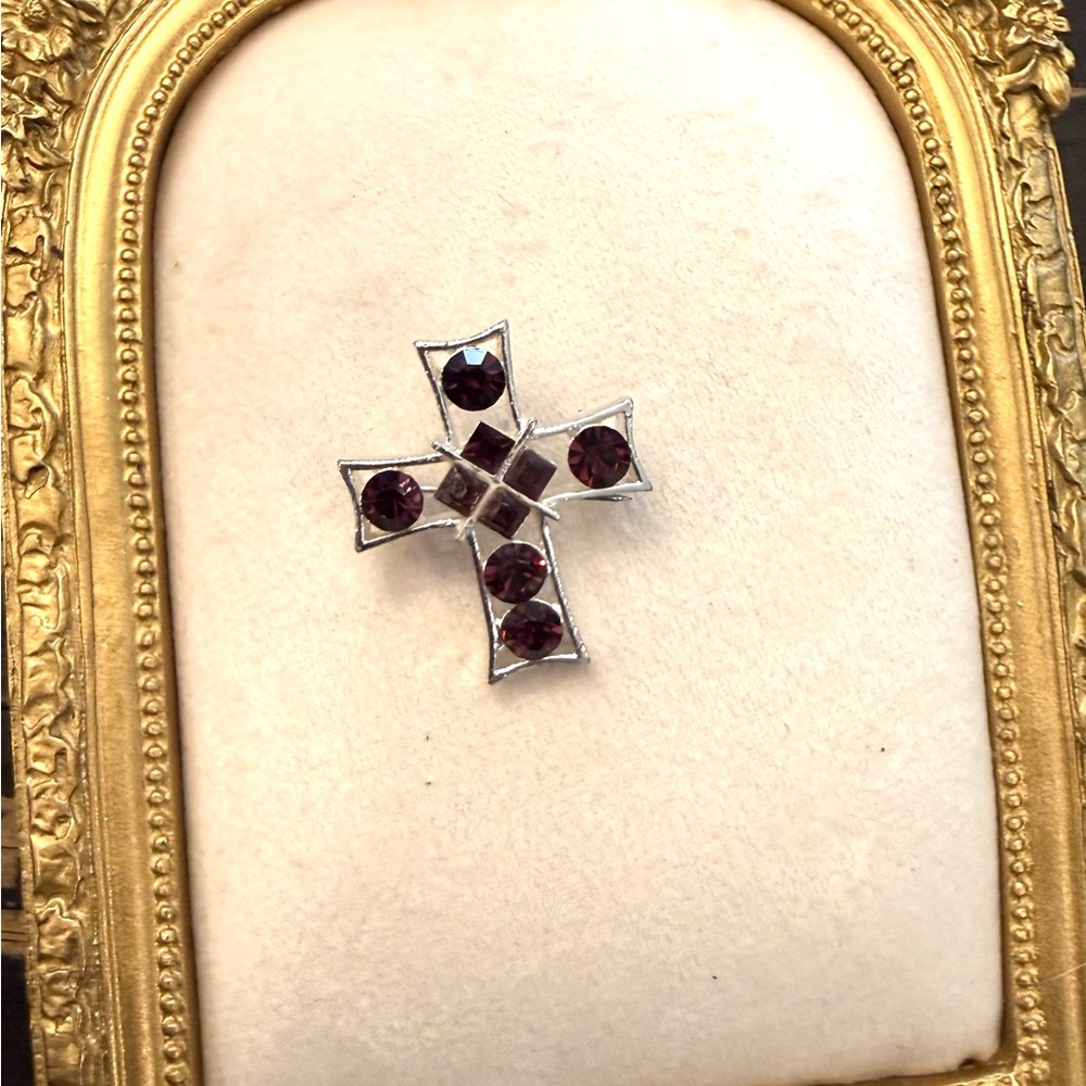 Cross Brooch Dark Red‎ Purple Rhinestones Crystals Religious Faith Church Silver